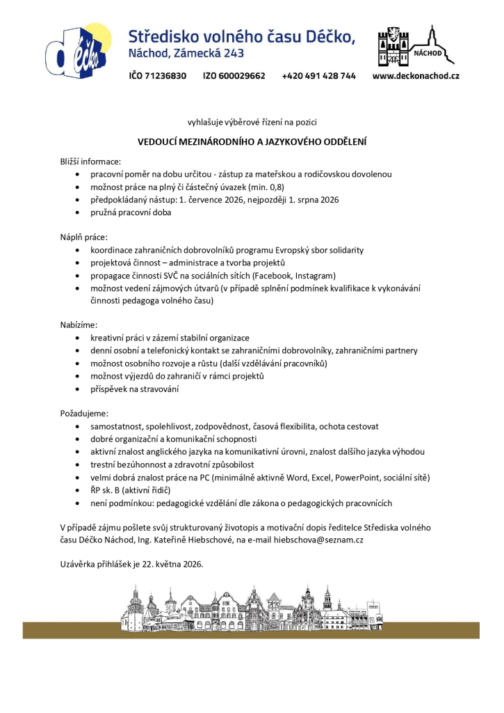 SVČ Déčko vypisuje VŘ na pozici: Vedoucí mezinárodního a jazykového oddělení